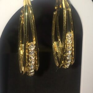 Large Golden Hoop Earrings with Rhinestone Center